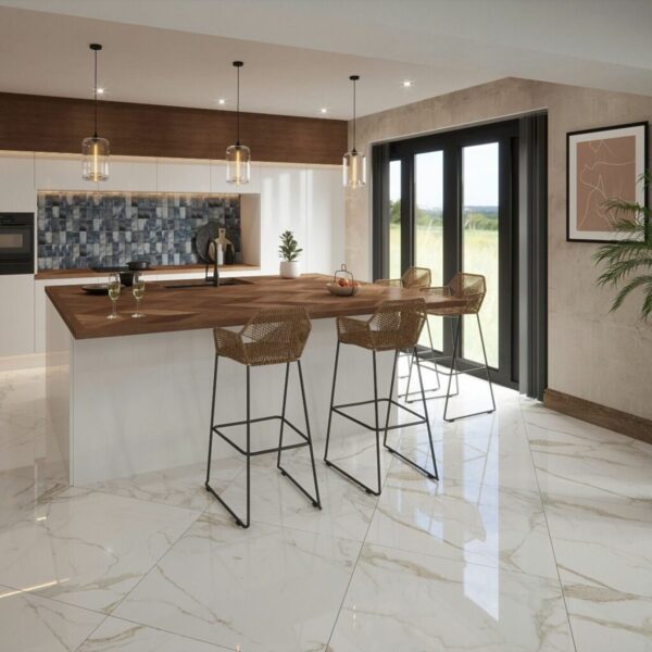 Stylish kitchen with a wooden island and bar stools